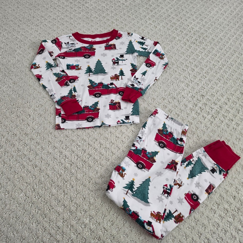 Kids Christmas Holiday Red Truck Snowman Cotton Pajama Set Size 6